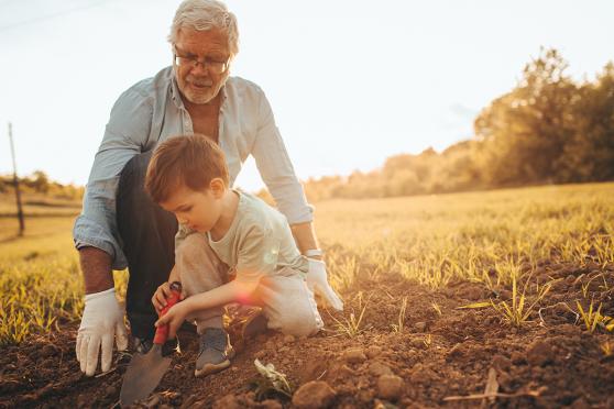 Boy with shovel and man in field